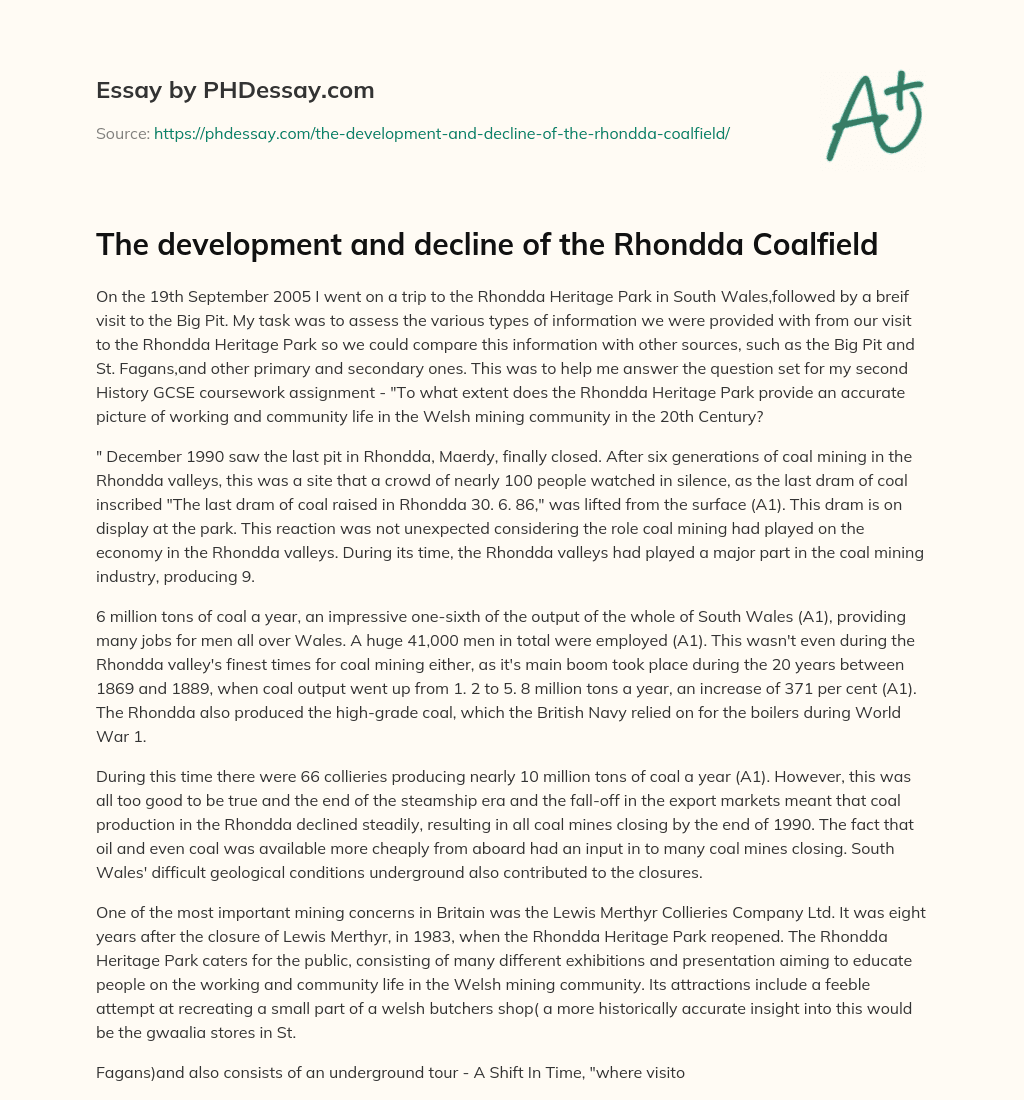 The development and decline of the Rhondda Coalfield essay