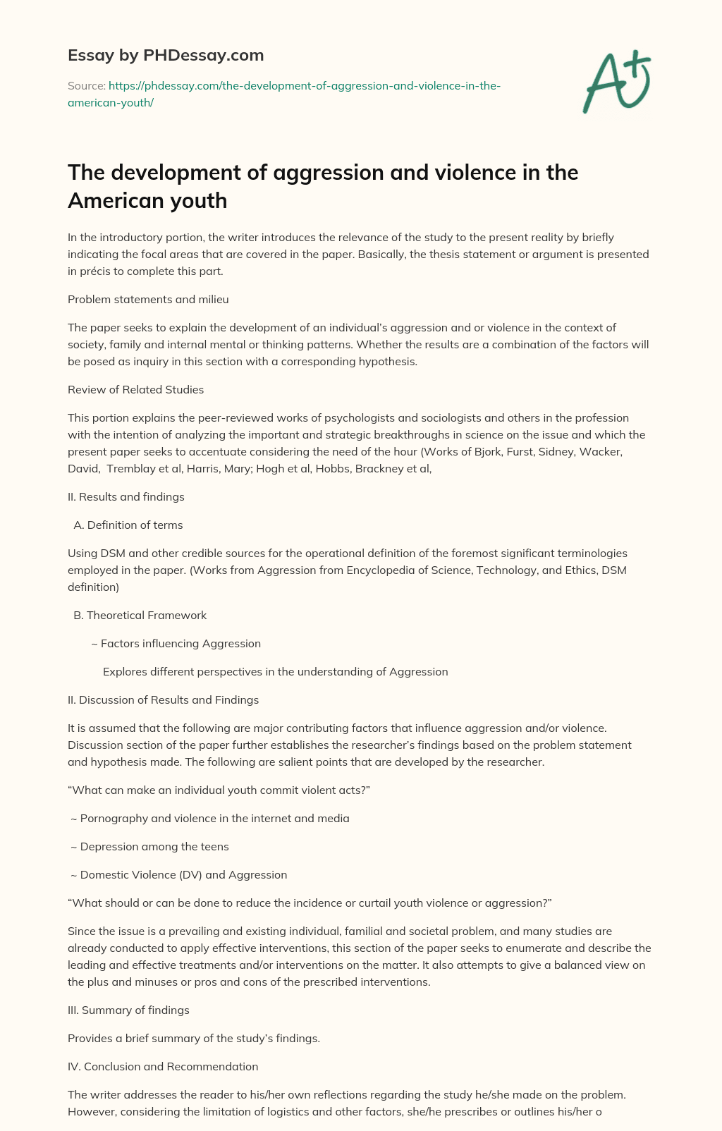 The development of aggression and violence in the American youth essay