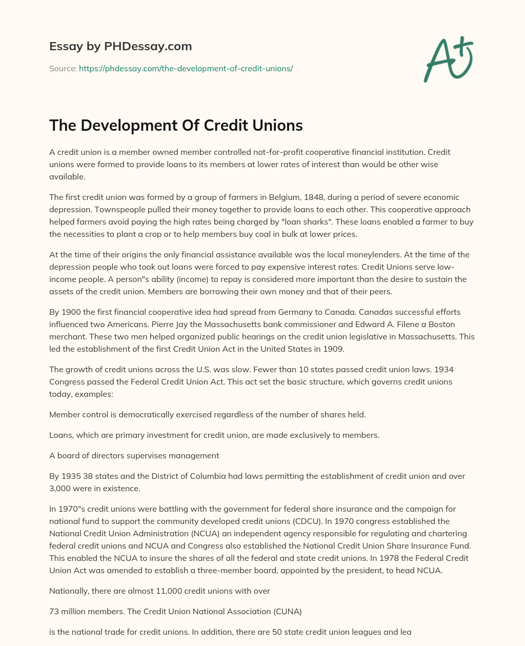 The Development Of Credit Unions essay