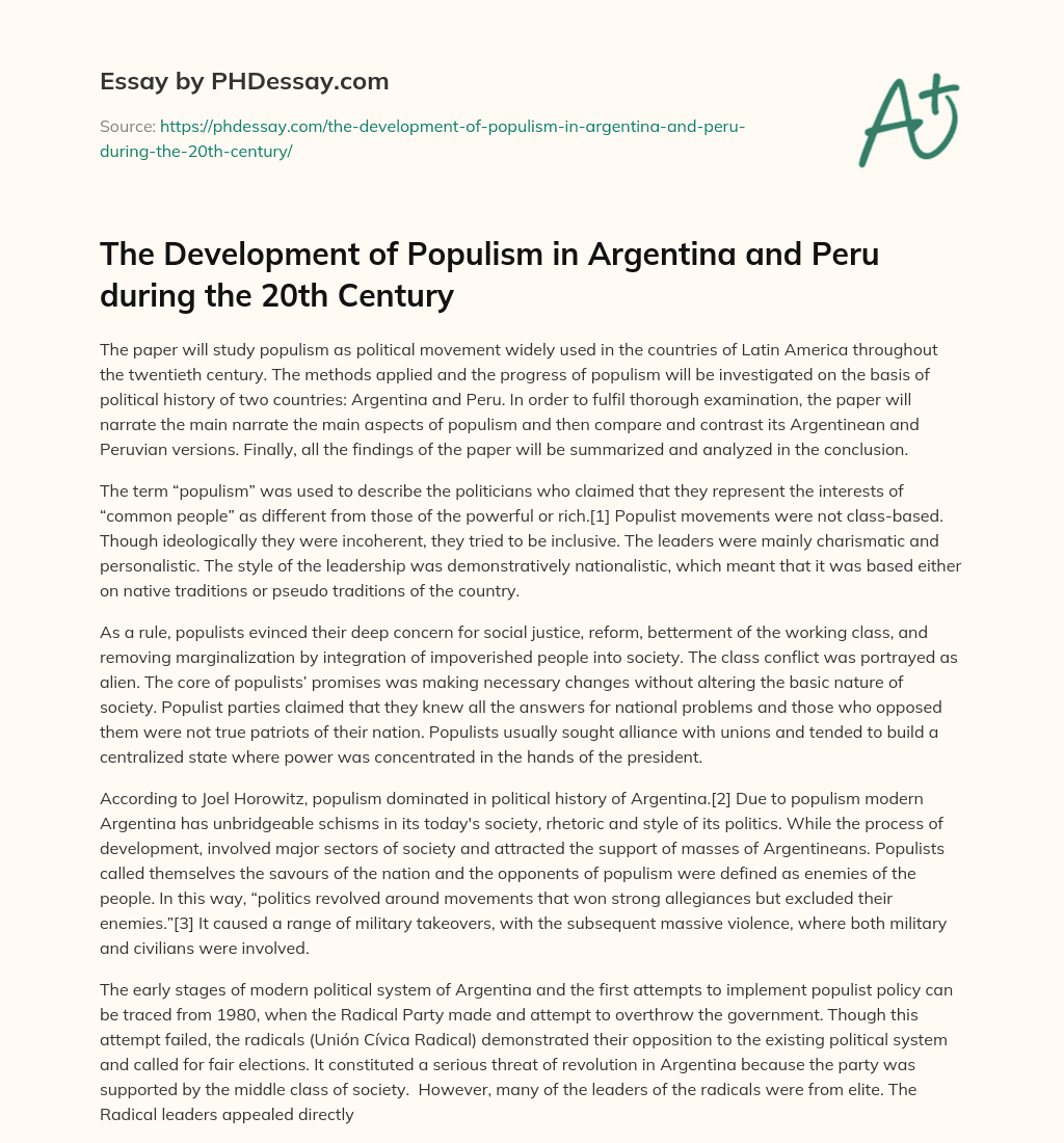 The Development of Populism in Argentina and Peru during the 20th Century essay