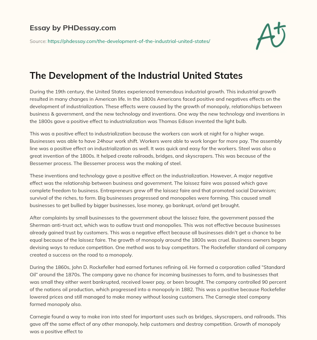 The Development of the Industrial United States essay
