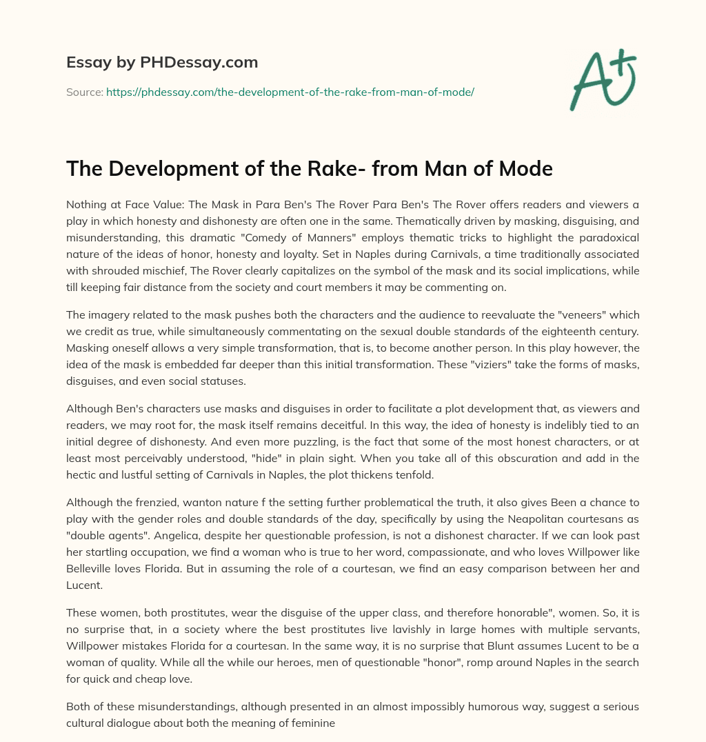 The Development of the Rake- from Man of Mode essay