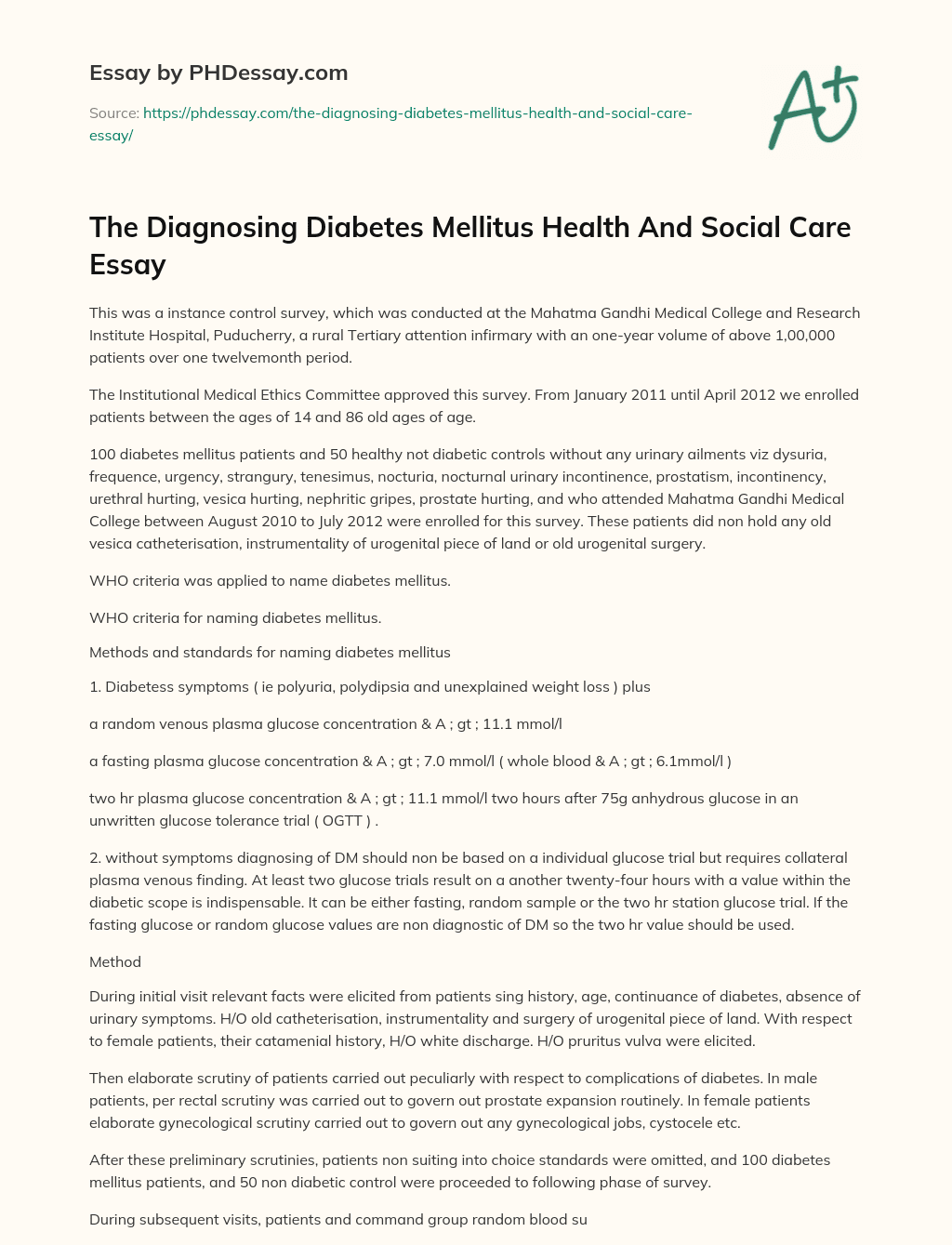 The Diagnosing Diabetes Mellitus Health And Social Care Essay essay