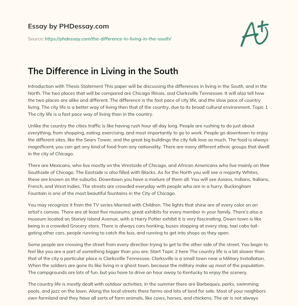The Difference in Living in the South essay