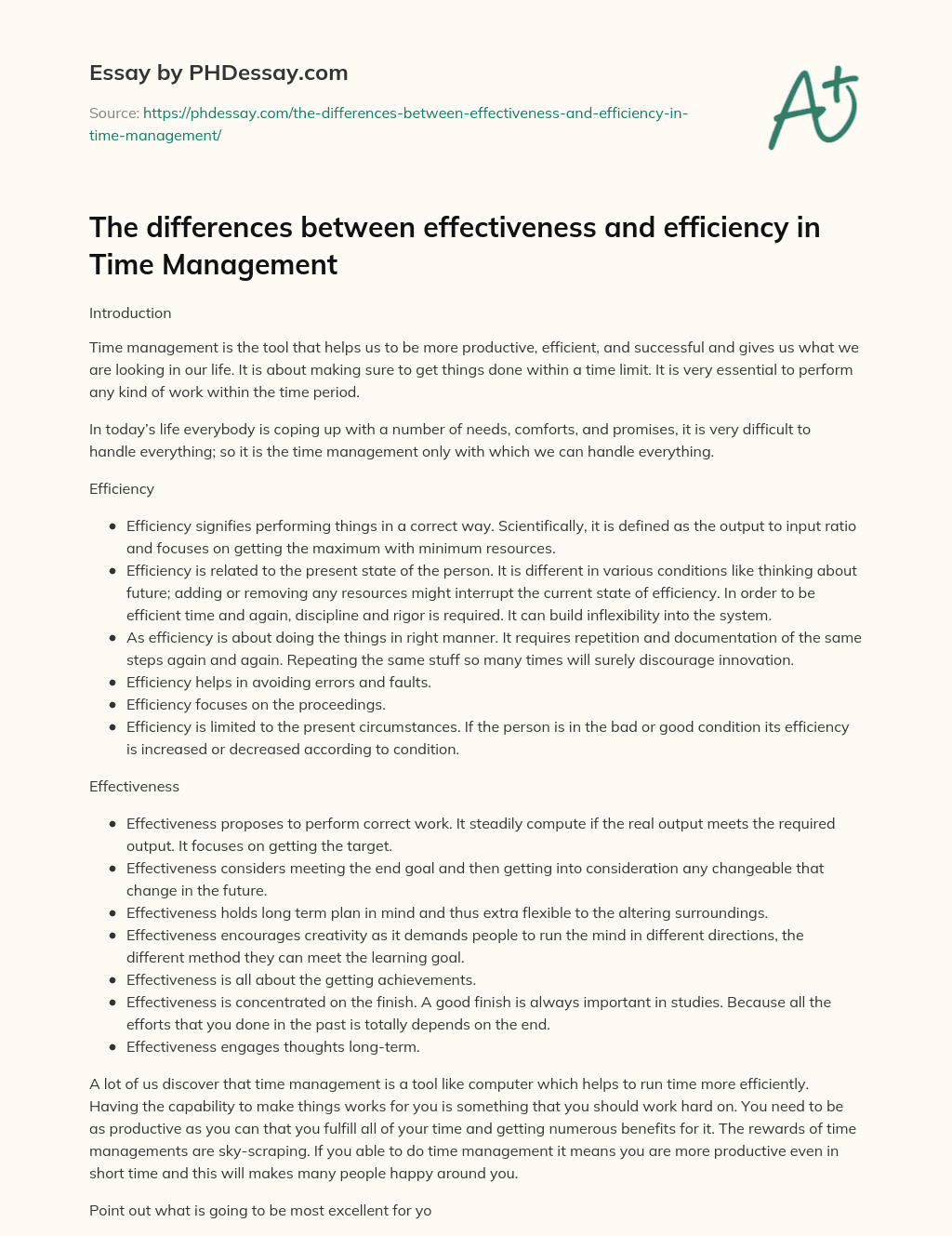 The differences between effectiveness and efficiency in Time Management essay
