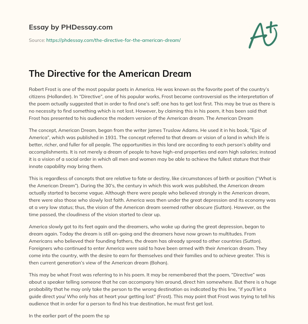 The Directive for the American Dream essay