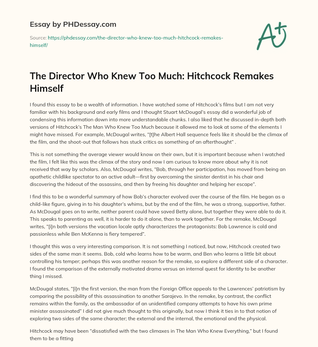 The Director Who Knew Too Much: Hitchcock Remakes Himself essay