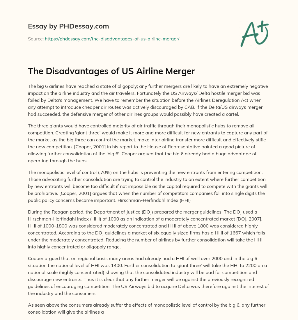 The Disadvantages of US Airline Merger essay