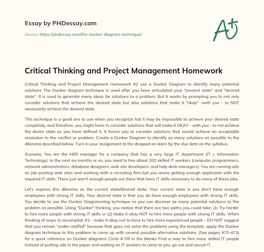 Critical Thinking and Project Management Homework essay