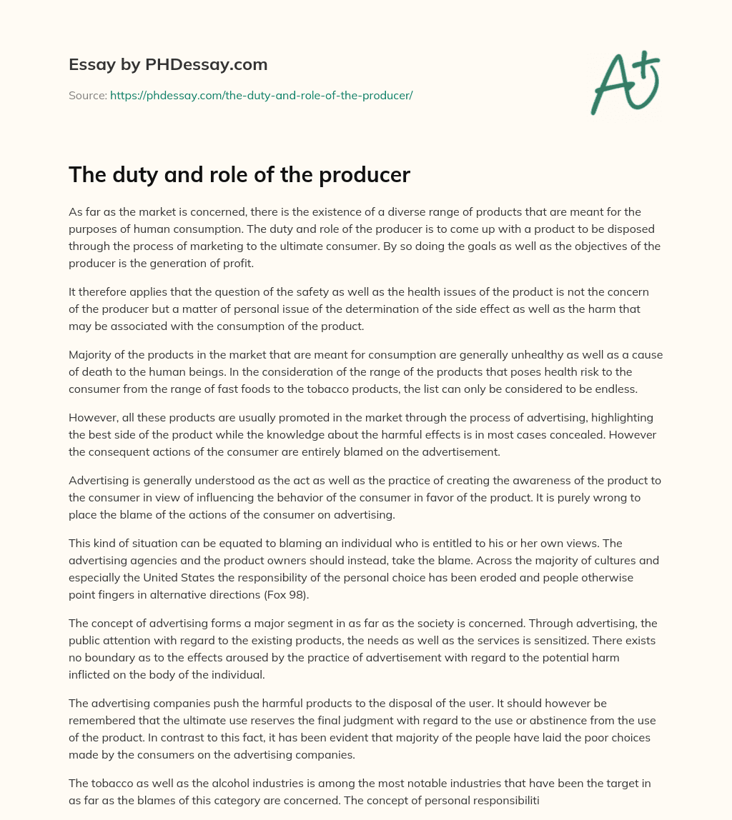 The duty and role of the producer essay