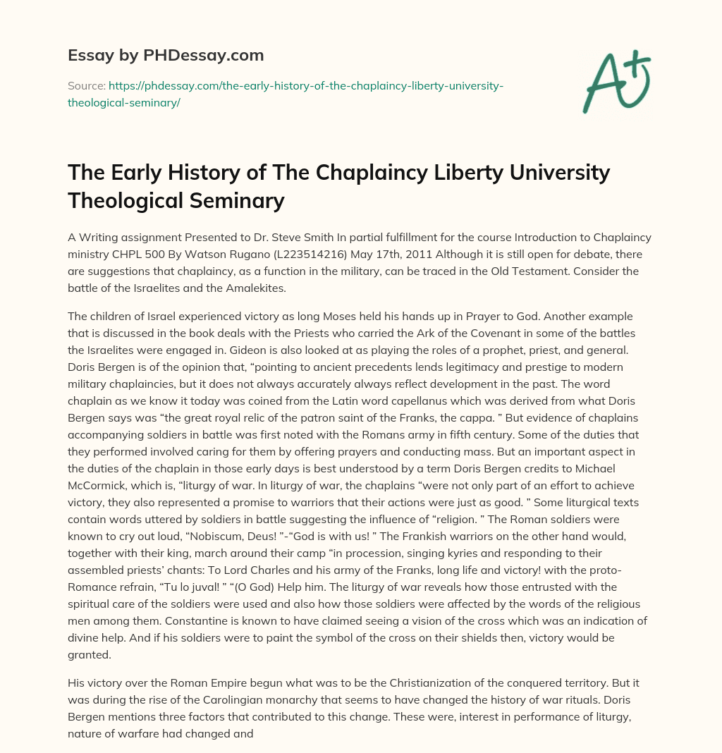 The Early History of The Chaplaincy Liberty University Theological Seminary essay