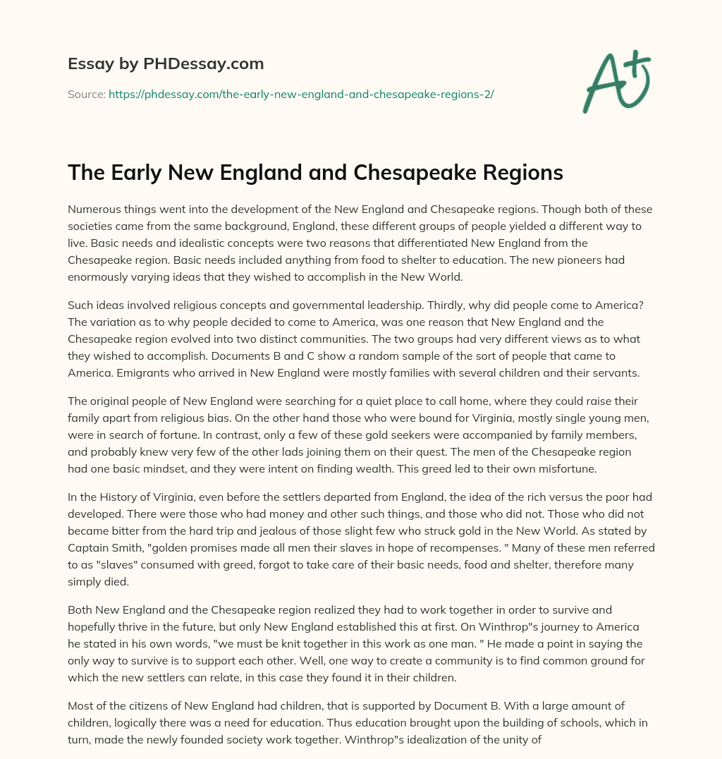 The Early New England and Chesapeake Regions essay