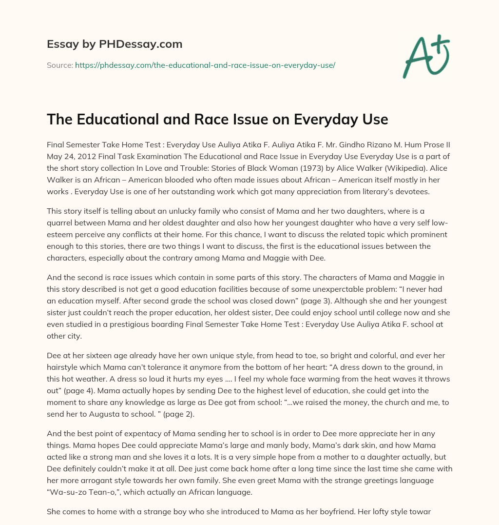 The Educational and Race Issue on Everyday Use essay