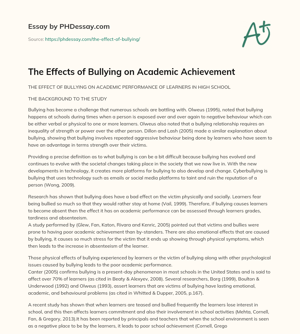 The Effects Of Bullying On Academic Achievement PHDessay