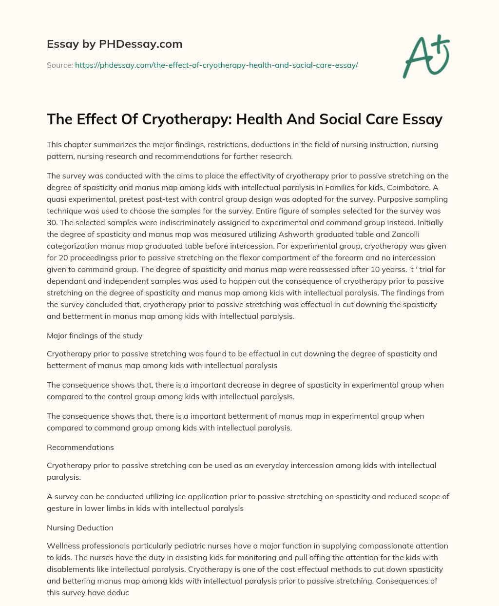 The Effect Of Cryotherapy: Health And Social Care Essay essay