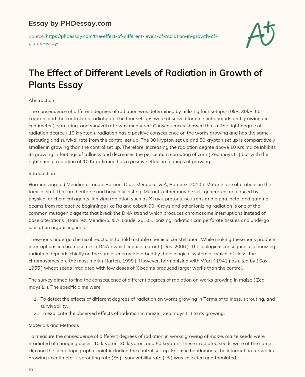 The Effect of Different Levels of Radiation in Growth of Plants Essay essay