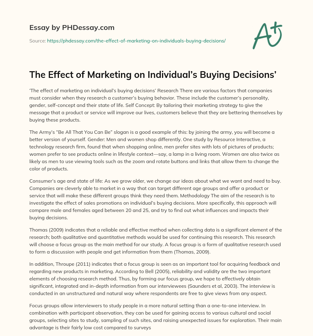 The Effect of Marketing on Individual’s Buying Decisions’ essay