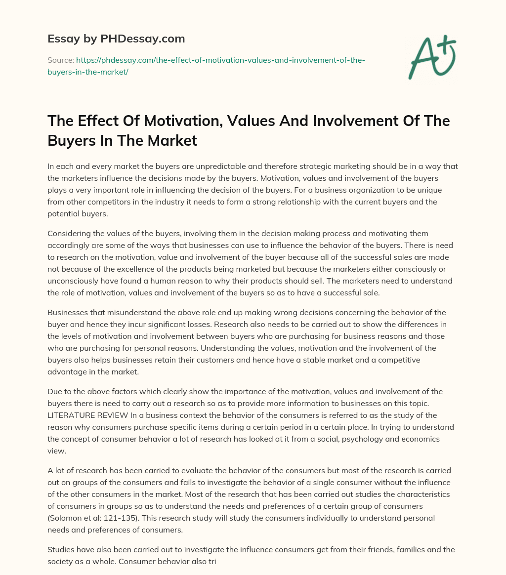 The Effect Of Motivation, Values And Involvement Of The Buyers In The Market essay