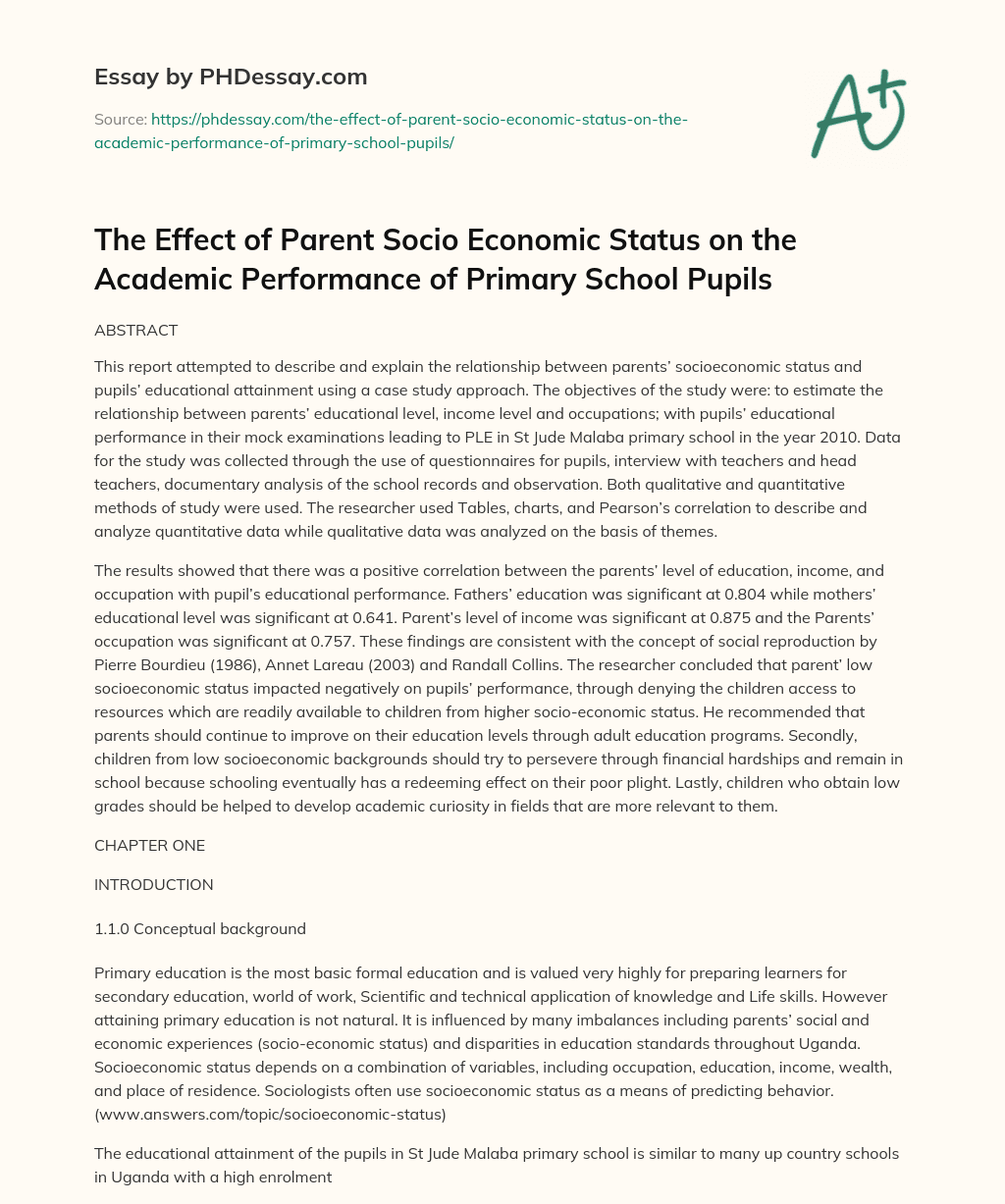 The Effect of Parent Socio Economic Status on the Academic Performance of Primary School Pupils essay