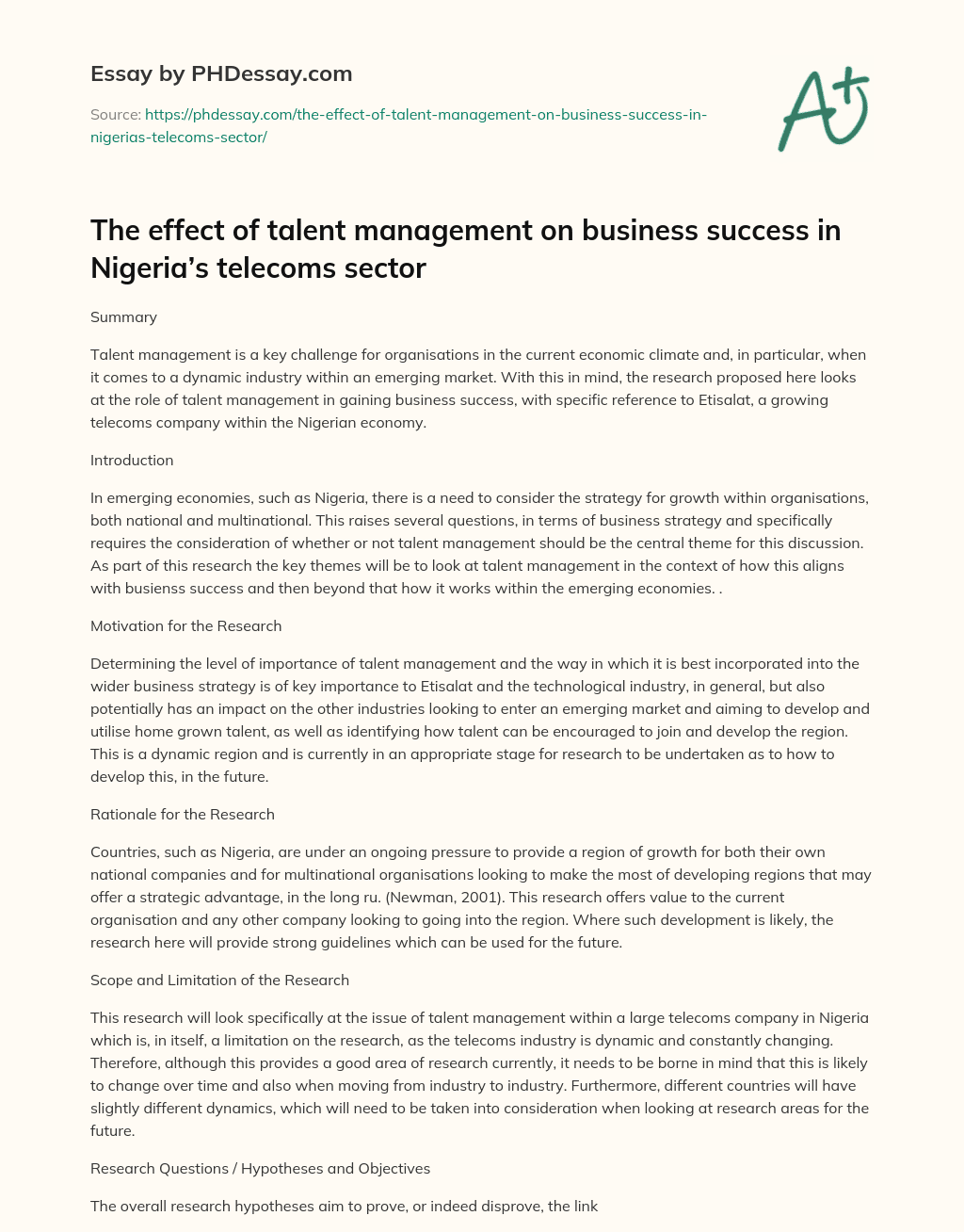 The effect of talent management on business success in Nigeria’s telecoms sector essay