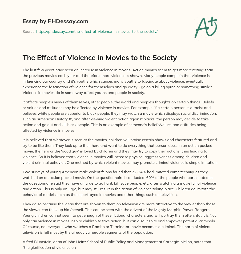 essay on violence in cinema promotes violence in society
