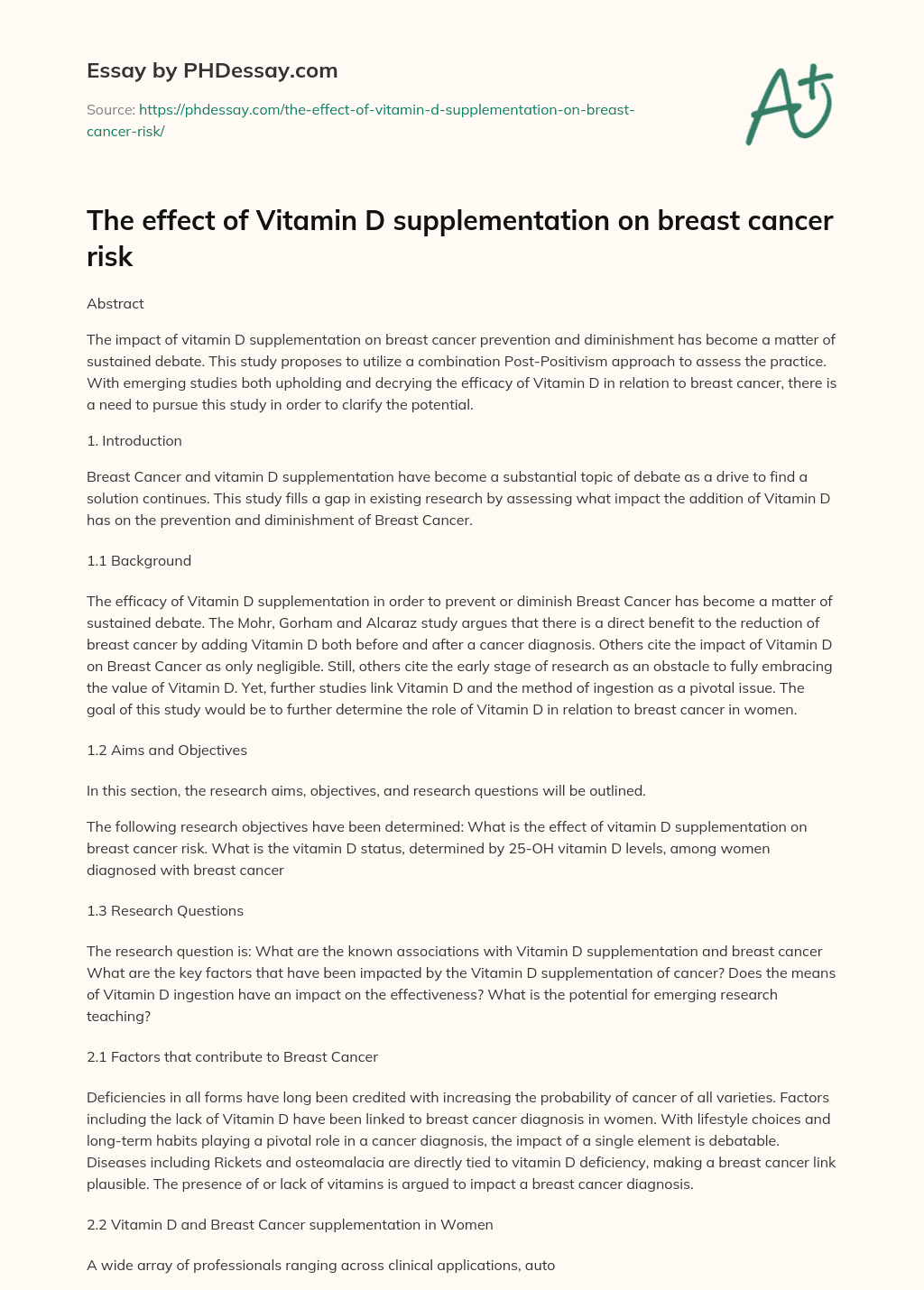 The effect of Vitamin D supplementation on breast cancer risk essay