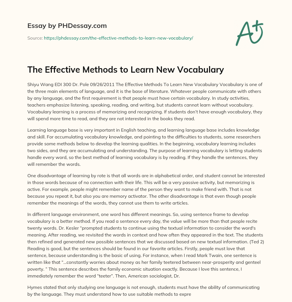 The Effective Methods to Learn New Vocabulary essay