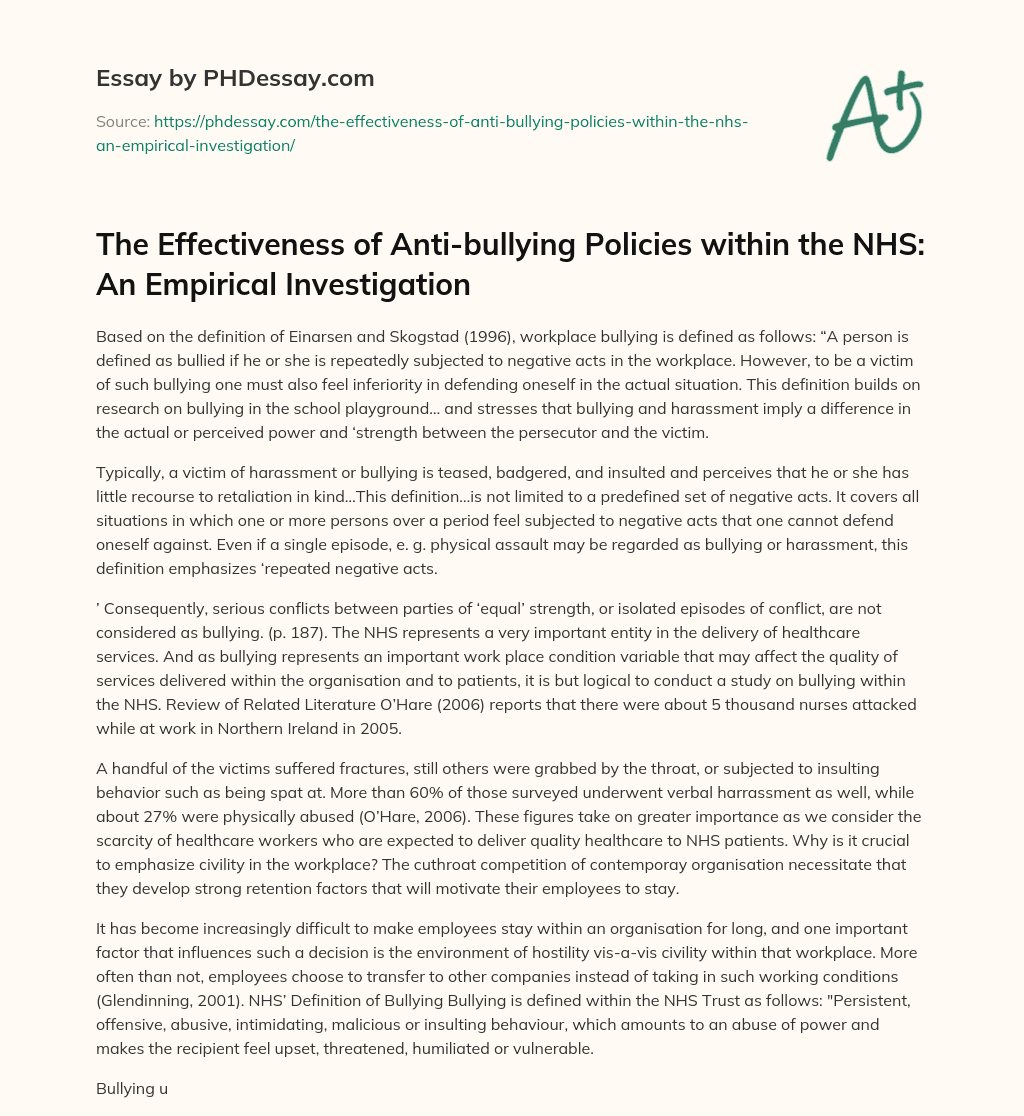 The Effectiveness of Anti-bullying Policies within the NHS: An Empirical Investigation essay