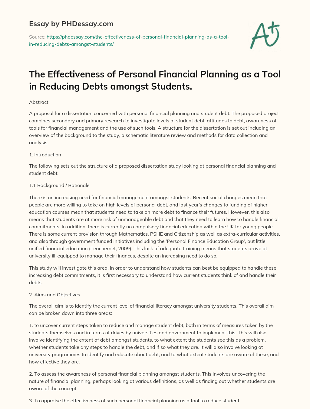 Exploring Personal Financial Planning and Student Debt: A Proposed Dissertation Study essay