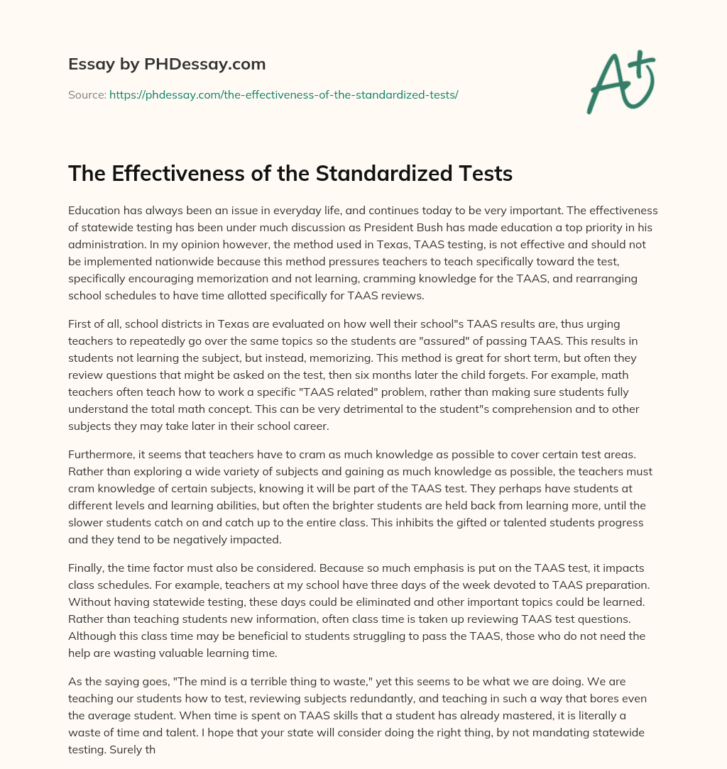 The Effectiveness of the Standardized Tests essay
