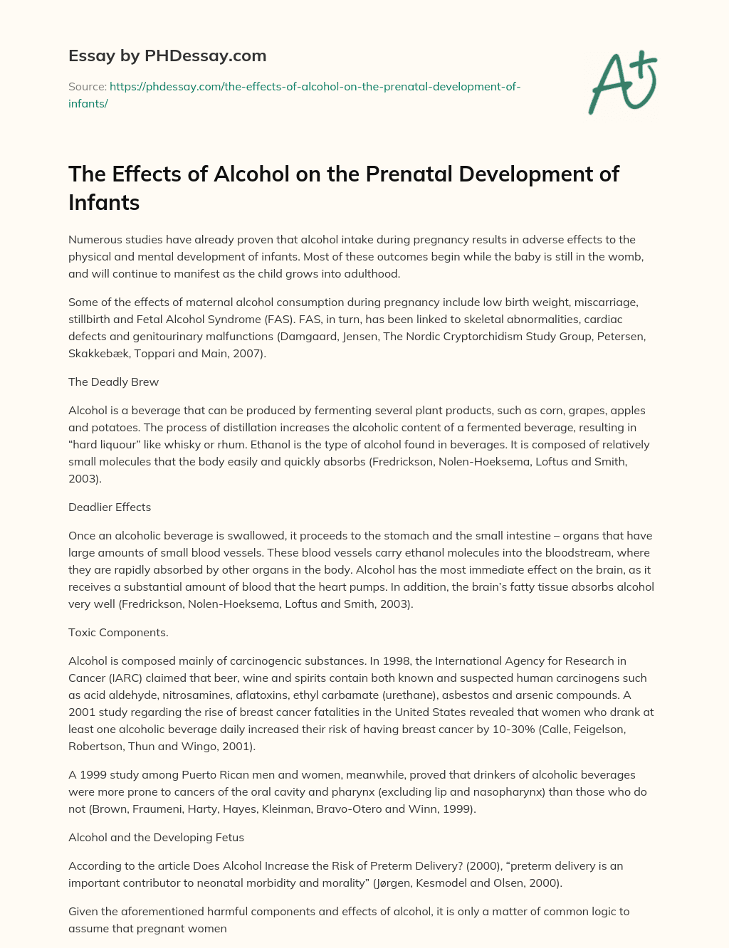 The Effects of Alcohol on the Prenatal Development of Infants essay