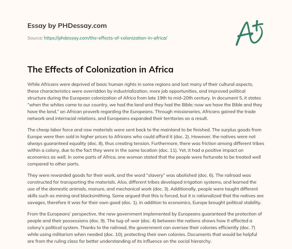 The Effects Of Colonization In Africa 400 Words PHDessay