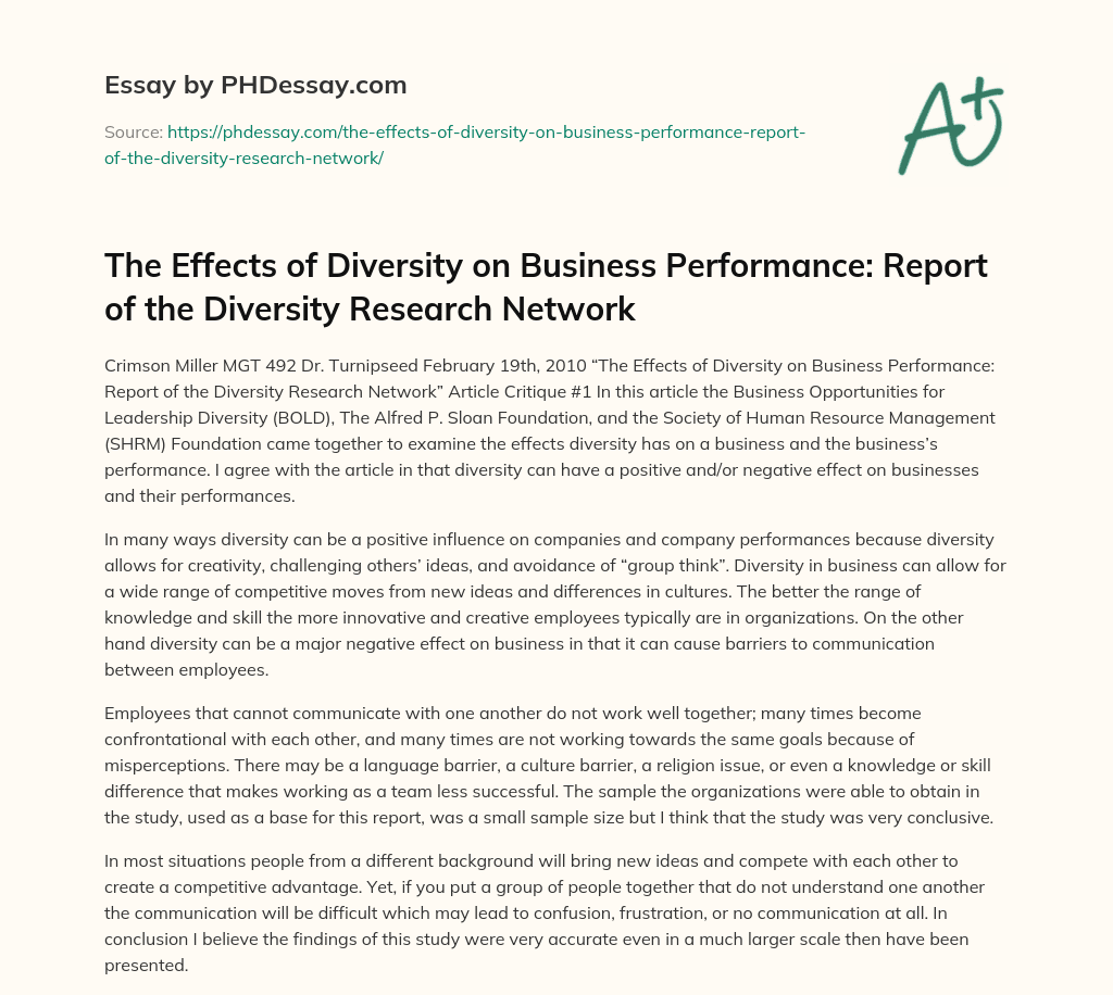 The Effects of Diversity on Business Performance: Report of the Diversity Research Network essay