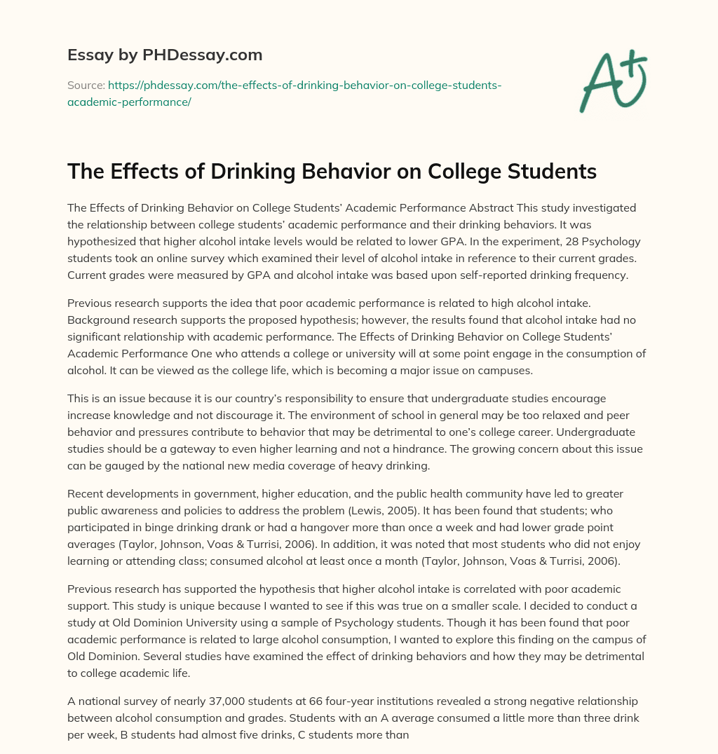 The Effects of Drinking Behavior on College Students essay