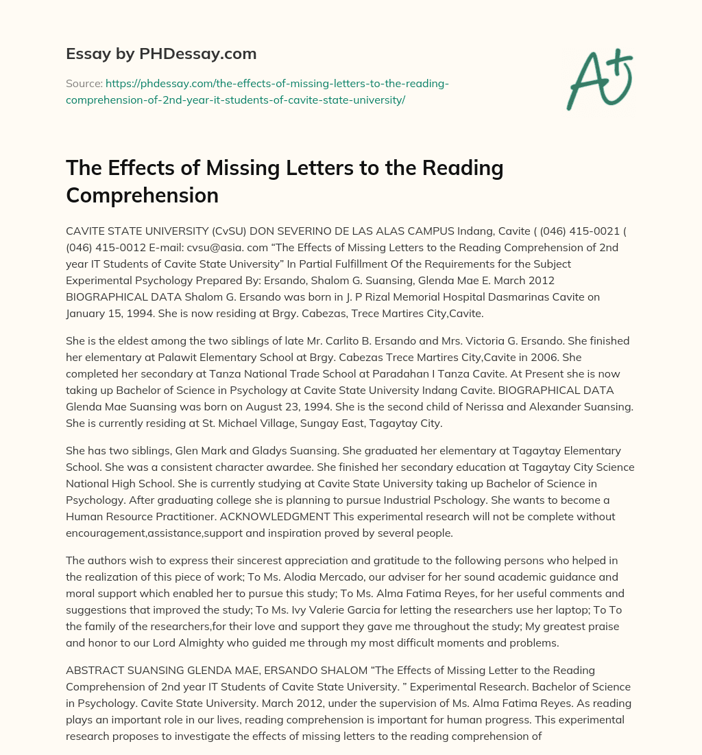 The Effects of Missing Letters to the Reading Comprehension essay