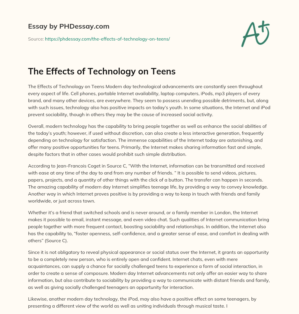The Effects of Technology on Teens essay