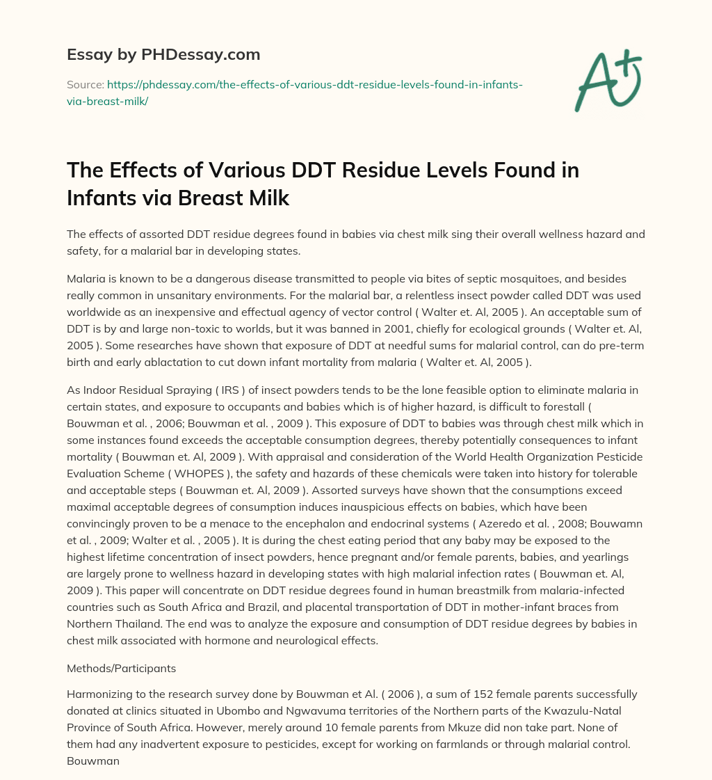 The Effects of Various DDT Residue Levels Found in Infants via Breast Milk essay