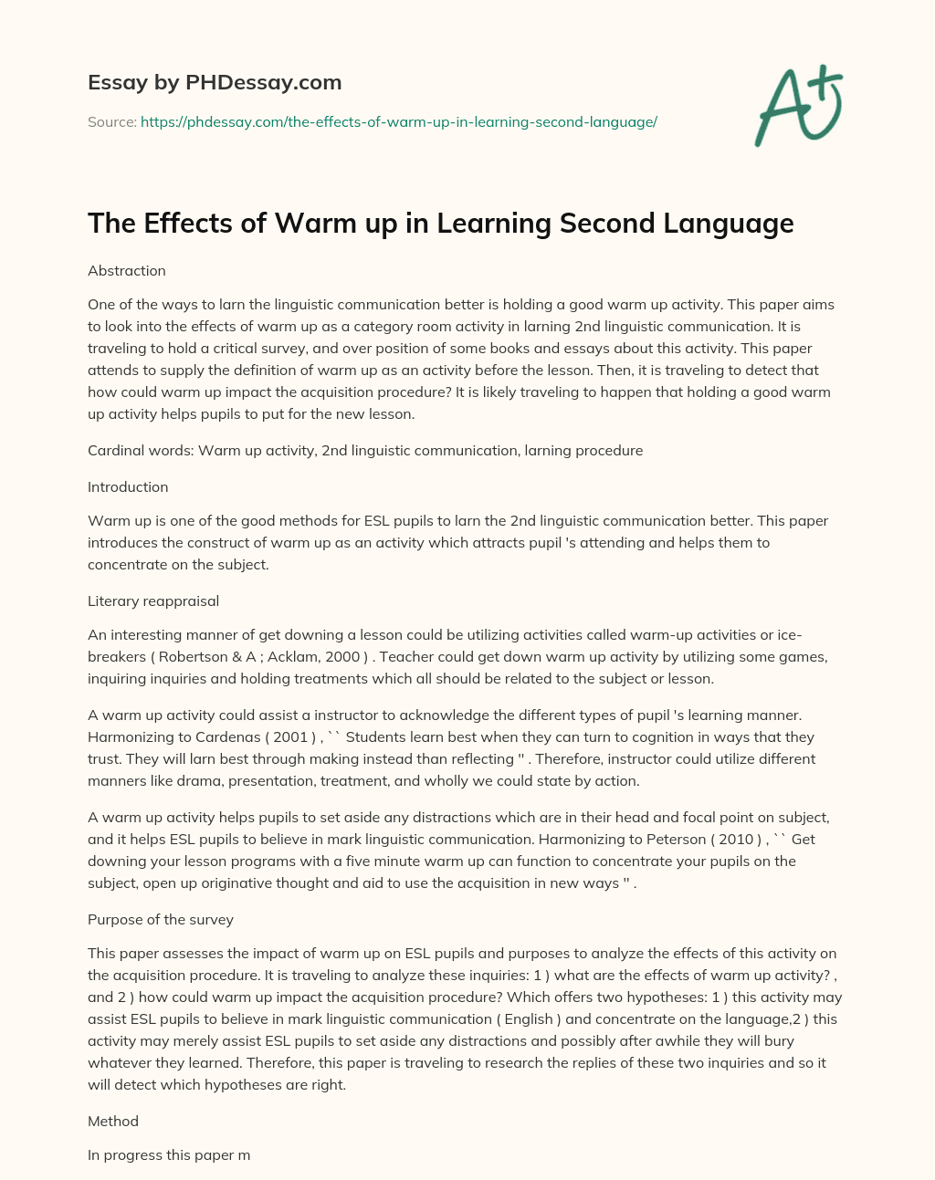 The Effects of Warm up in Learning Second Language essay