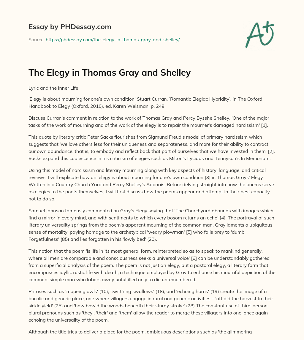 The Elegy in Thomas Gray and Shelley essay