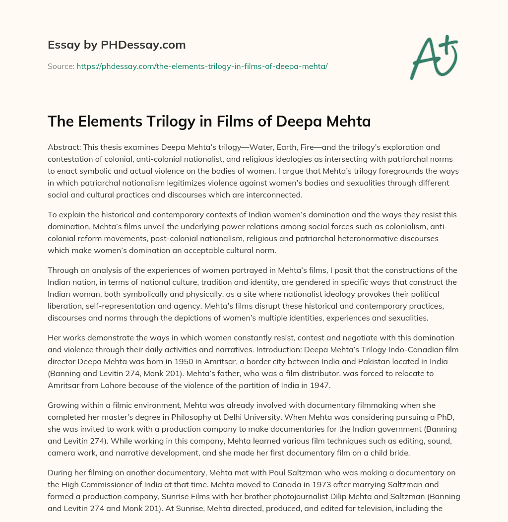 The Elements Trilogy in Films of Deepa Mehta essay