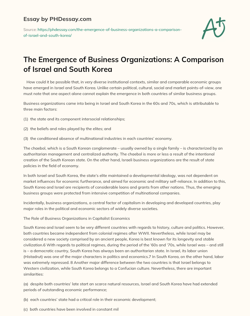 The Emergence of Business Organizations: A Comparison of Israel and South Korea essay