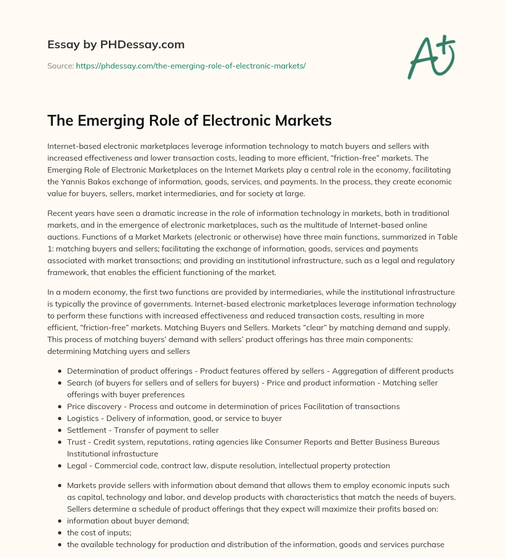 The Emerging Role of Electronic Markets essay