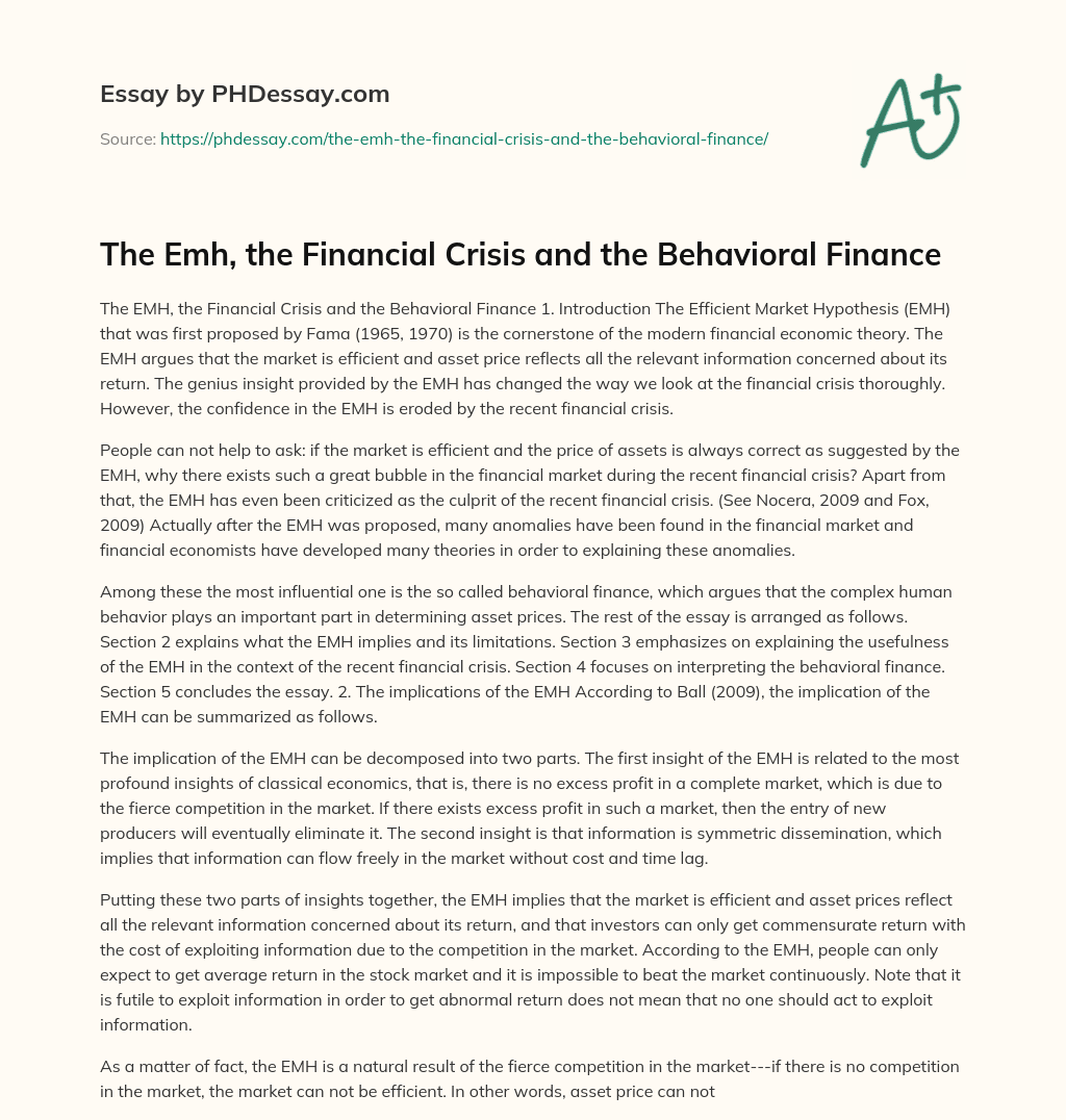 The Emh, the Financial Crisis and the Behavioral Finance essay