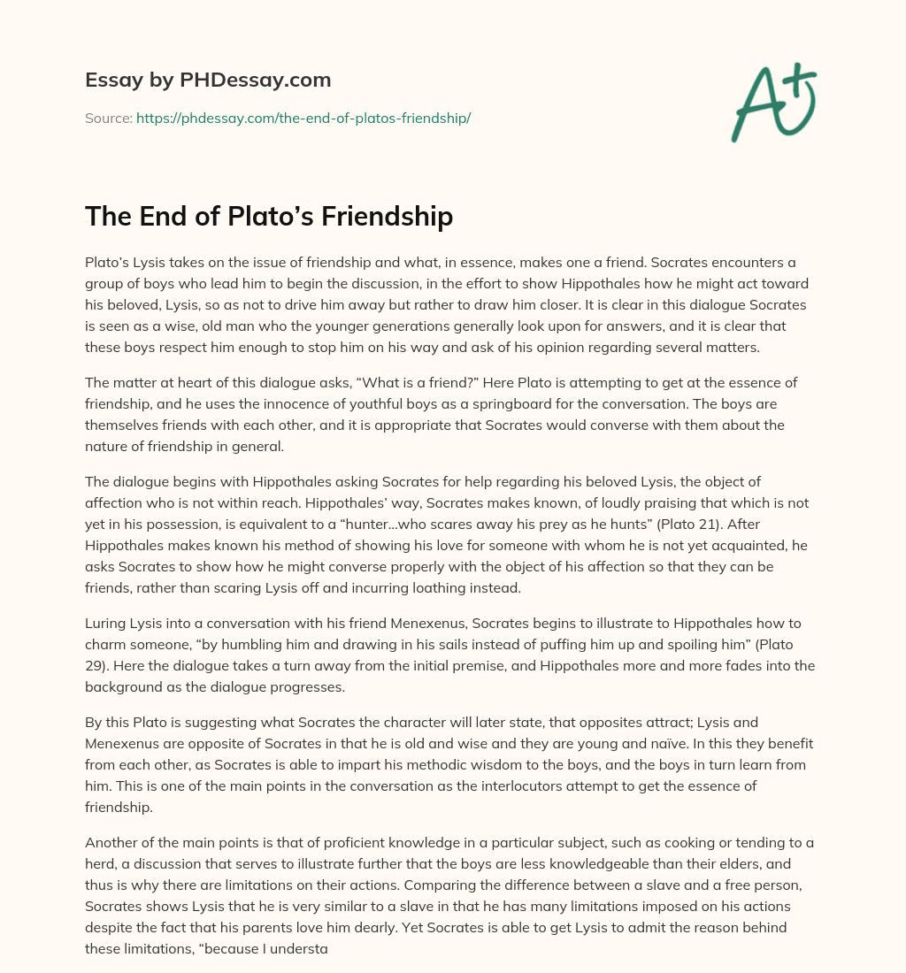 The End of Plato’s Friendship essay