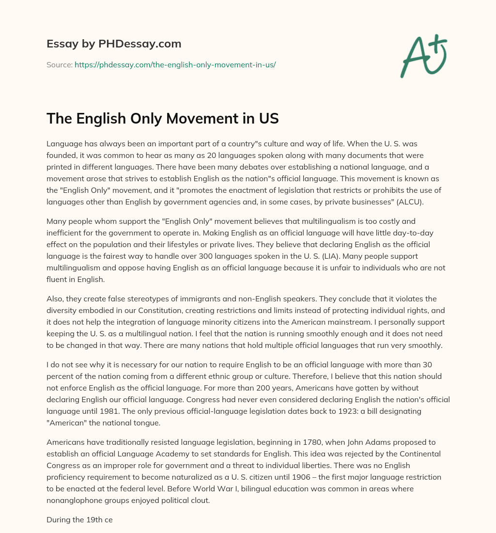 The English Only Movement in US essay