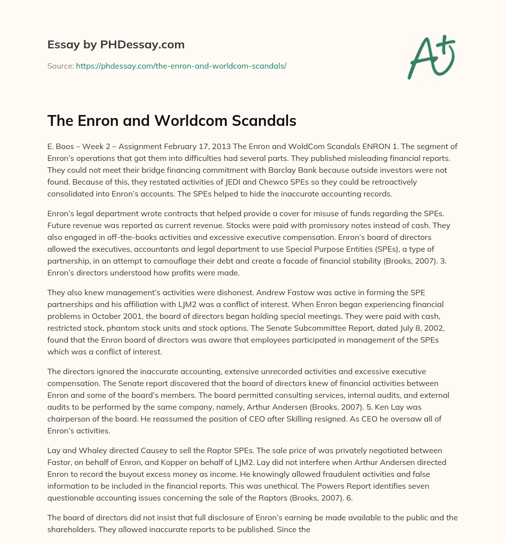 The Enron and Worldcom Scandals essay