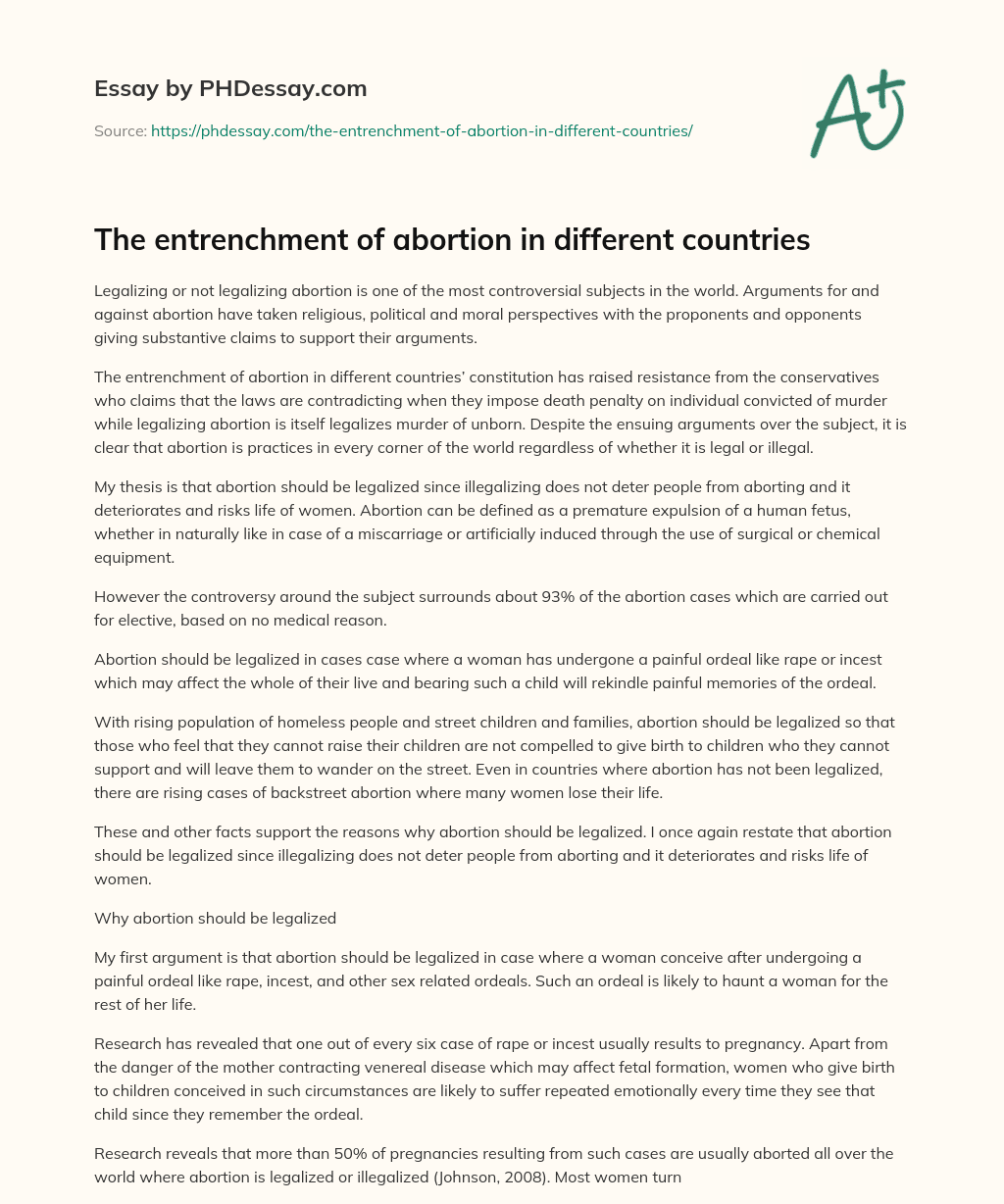 The entrenchment of abortion in different countries essay