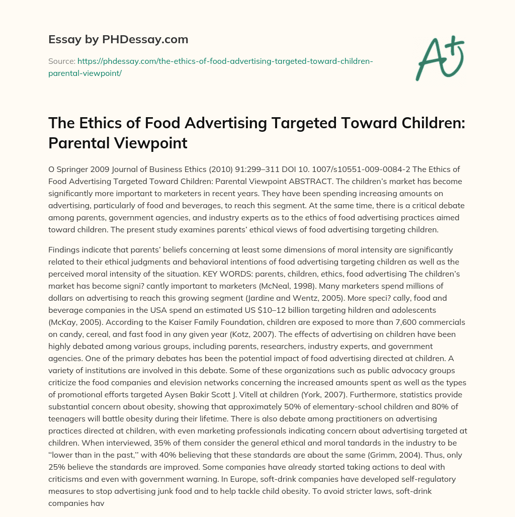 The Ethics of Food Advertising Targeted Toward Children: Parental Viewpoint essay