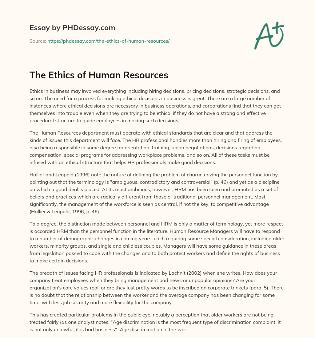 The Ethics of Human Resources essay