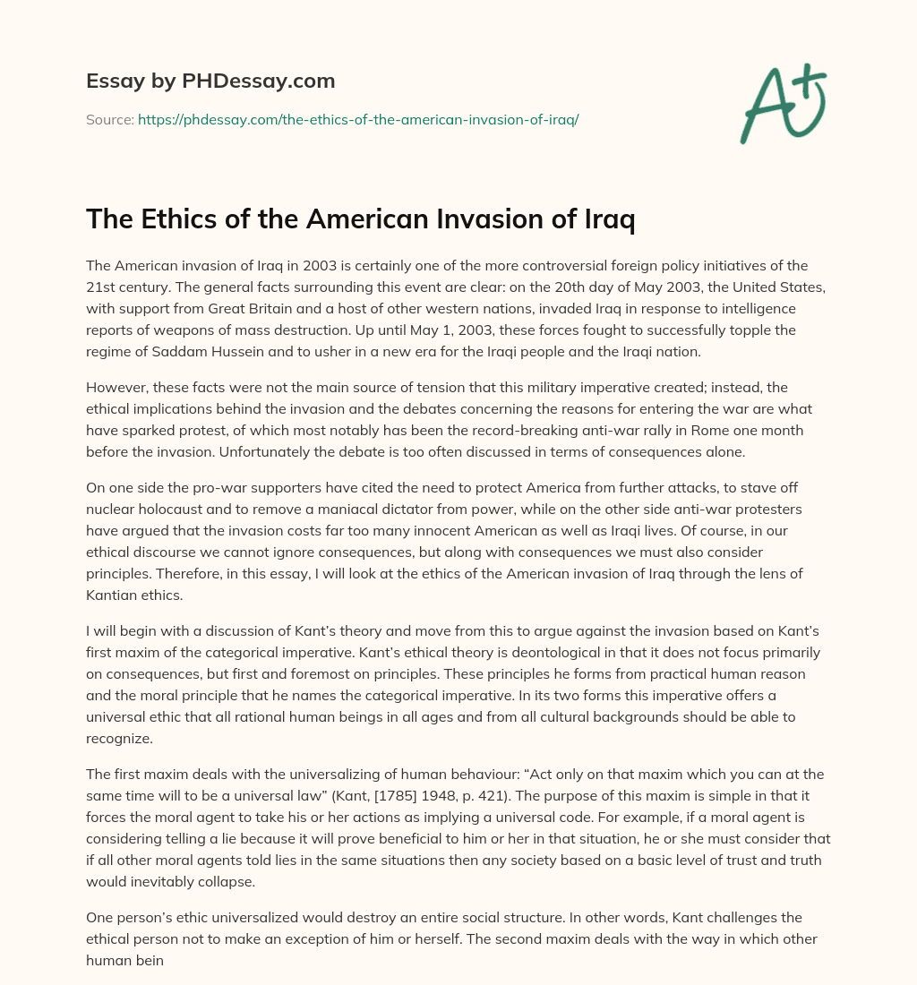 The Ethics of the American Invasion of Iraq essay